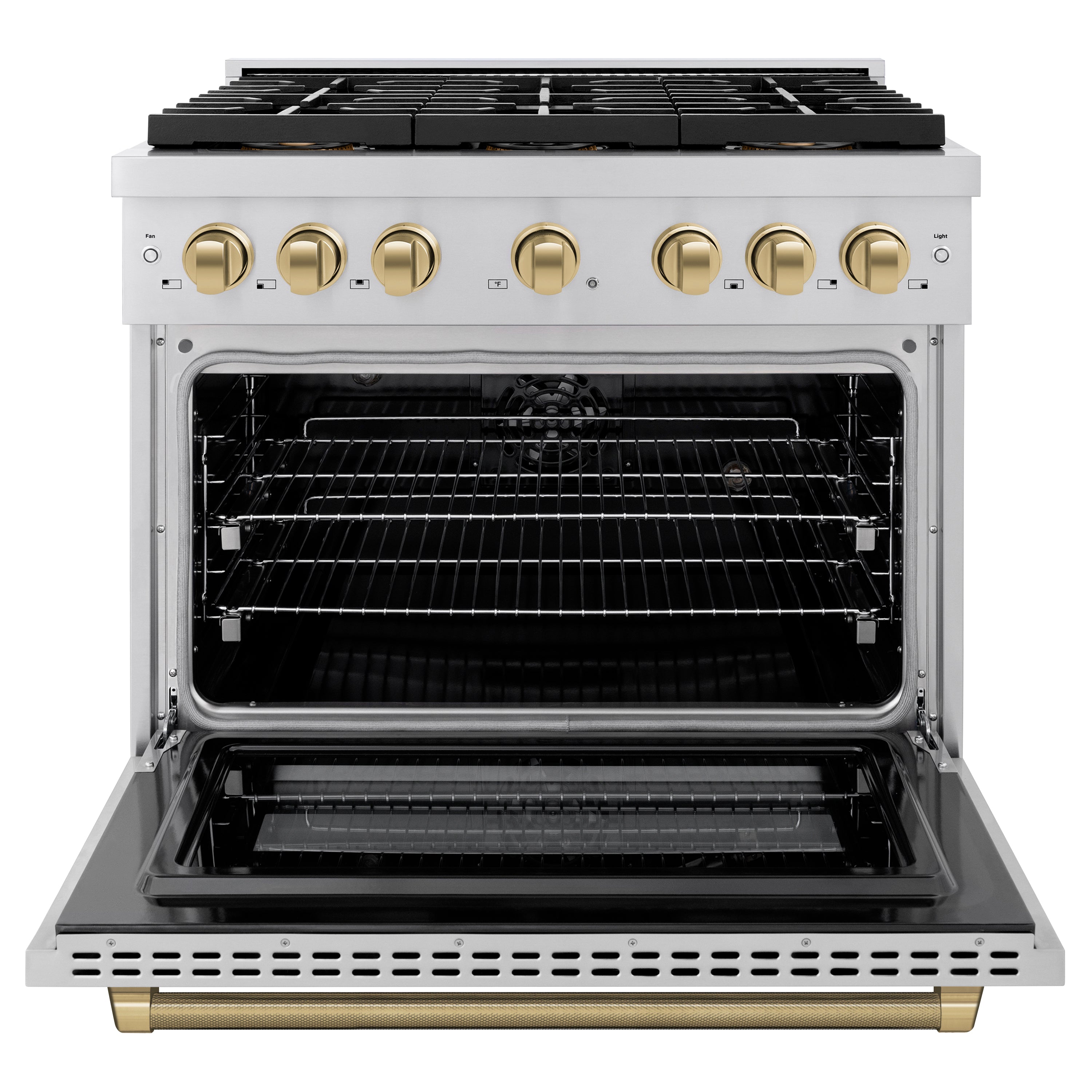 ZLINE 36 in. Dual Fuel Range 5.2 cu. ft. 6 Burner DuoPro™ Cooktop Electric Convection Oven Stainless Steel Champagne Bronze Handles (PSDRZ-36-KCB)