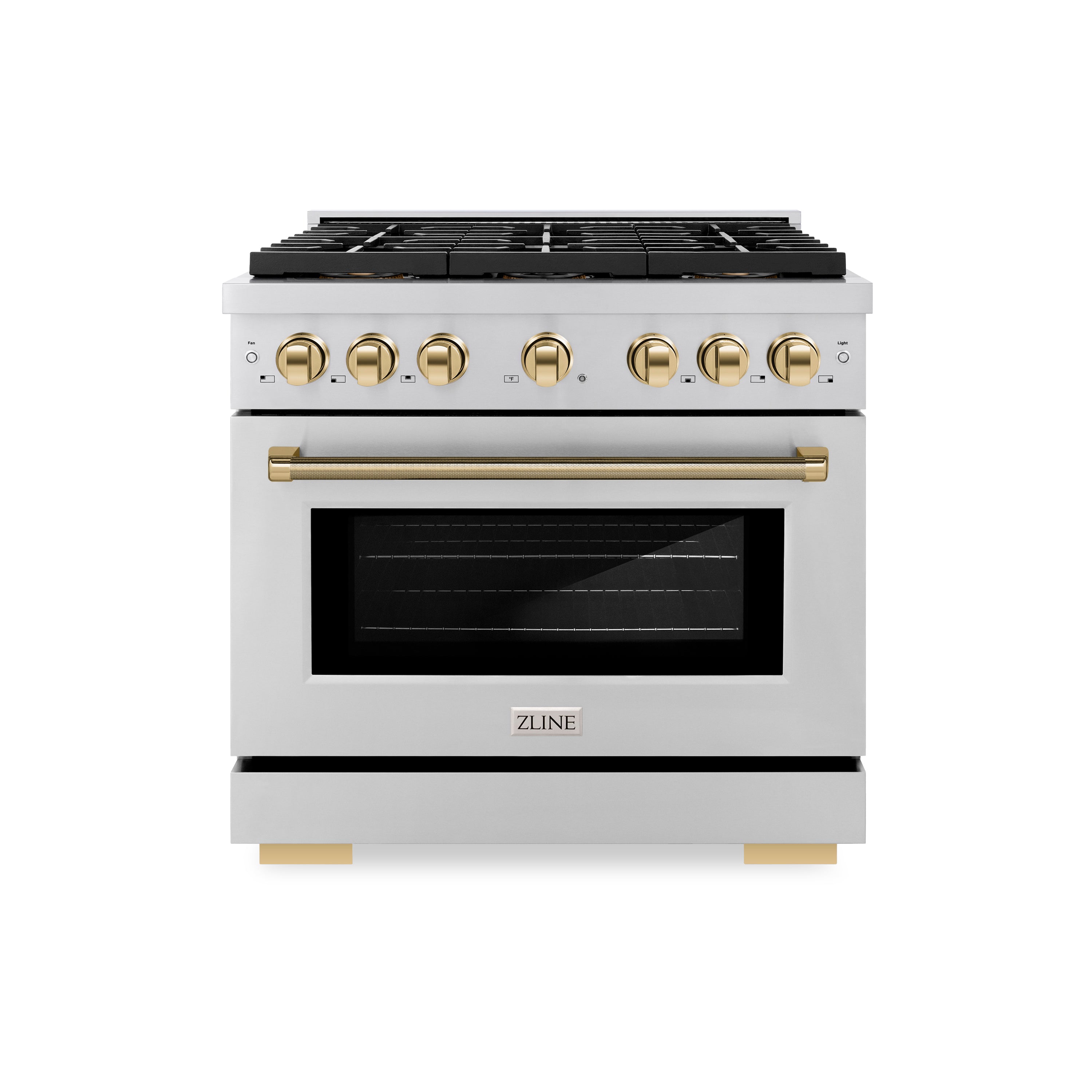 ZLINE 36 in. Dual Fuel Range 5.2 cu. ft. 6 Burner DuoPro™ Cooktop Electric Convection Oven Stainless Steel Polished Gold Accents (PSDRZ-36-KG)