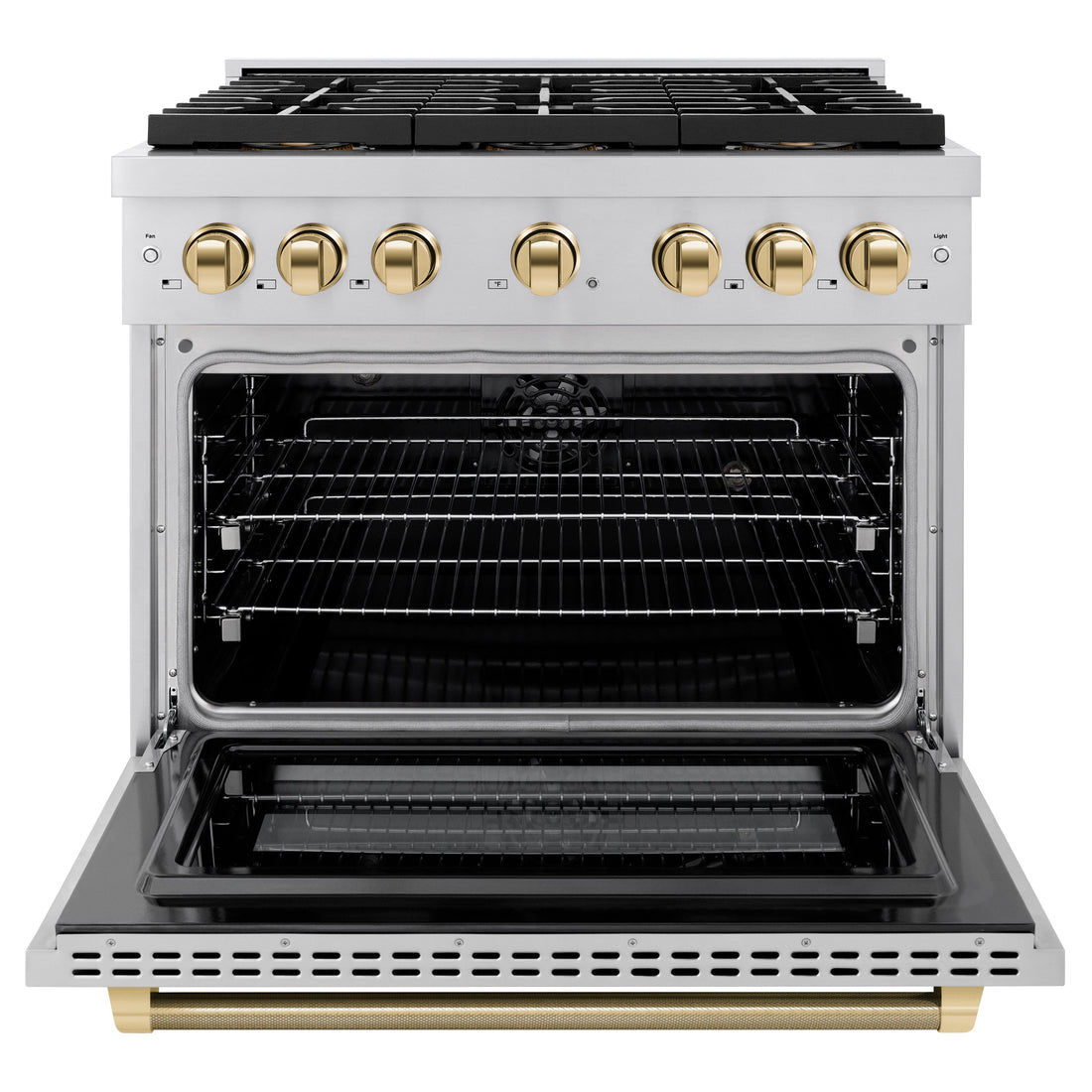 ZLINE 36 in. Dual Fuel Range 5.2 cu. ft. 6 Burner DuoPro™ Cooktop Electric Convection Oven Stainless Steel Polished Gold Accents (PSDRZ-36-KG)
