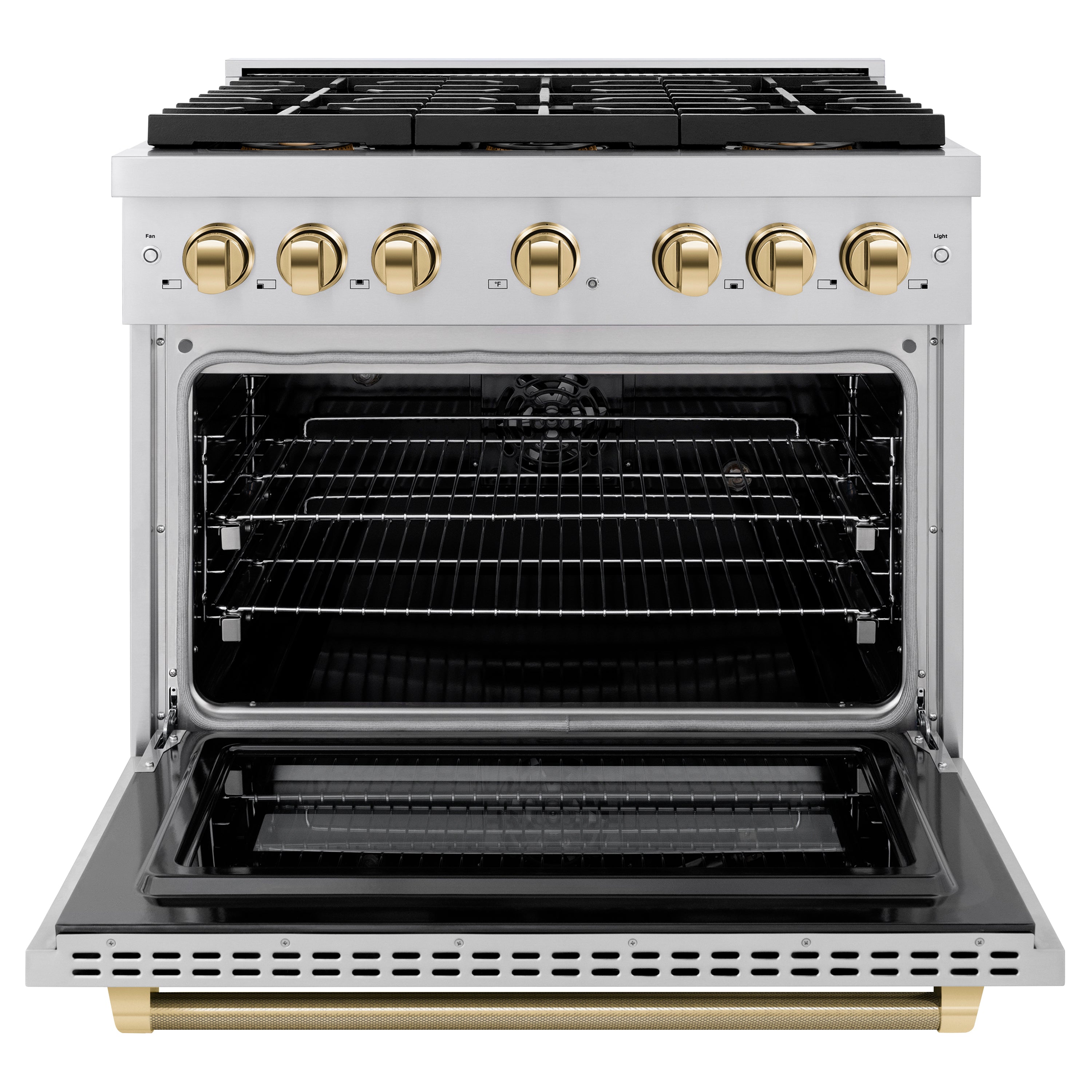 ZLINE 36 in. Dual Fuel Range 5.2 cu. ft. 6 Burner DuoPro™ Cooktop Electric Convection Oven Stainless Steel Polished Gold Accents (PSDRZ-36-KG)