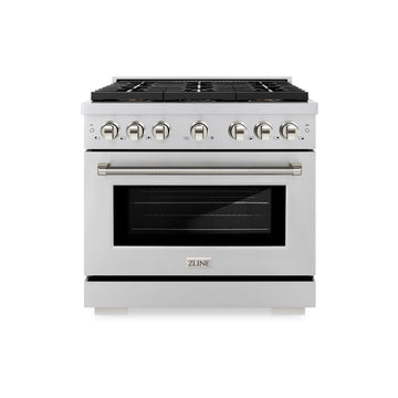 ZLINE 36 in. Dual Fuel Range 5.2 cu. ft. 6 Burner DuoPro™ Cooktop Electric Convection Oven Stainless Steel Polished Nickel Helix Handles (PSDRZ-36-KPN)