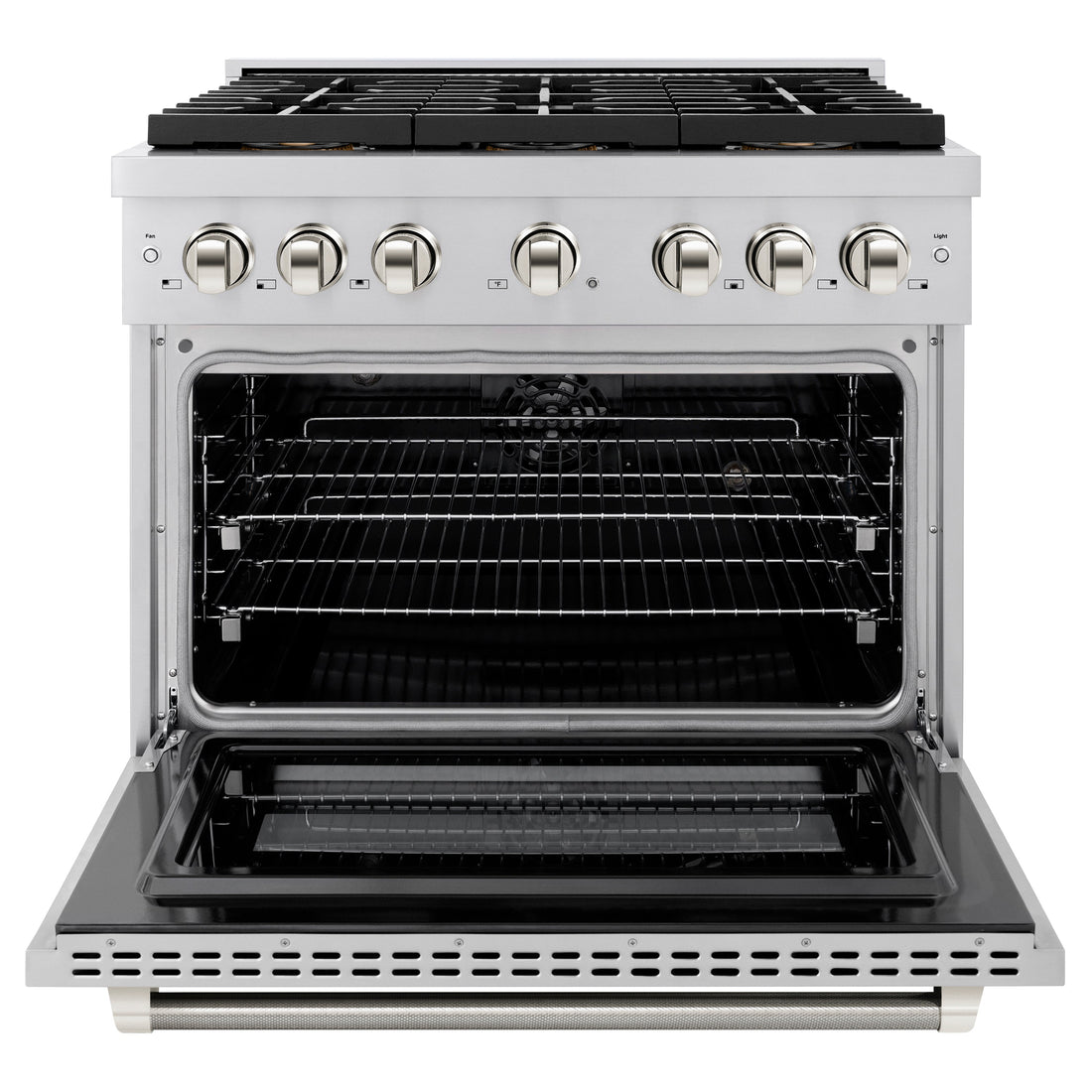 ZLINE 36 in. Dual Fuel Range 5.2 cu. ft. 6 Burner DuoPro™ Cooktop Electric Convection Oven Stainless Steel Polished Nickel Helix Handles (PSDRZ-36-KPN)