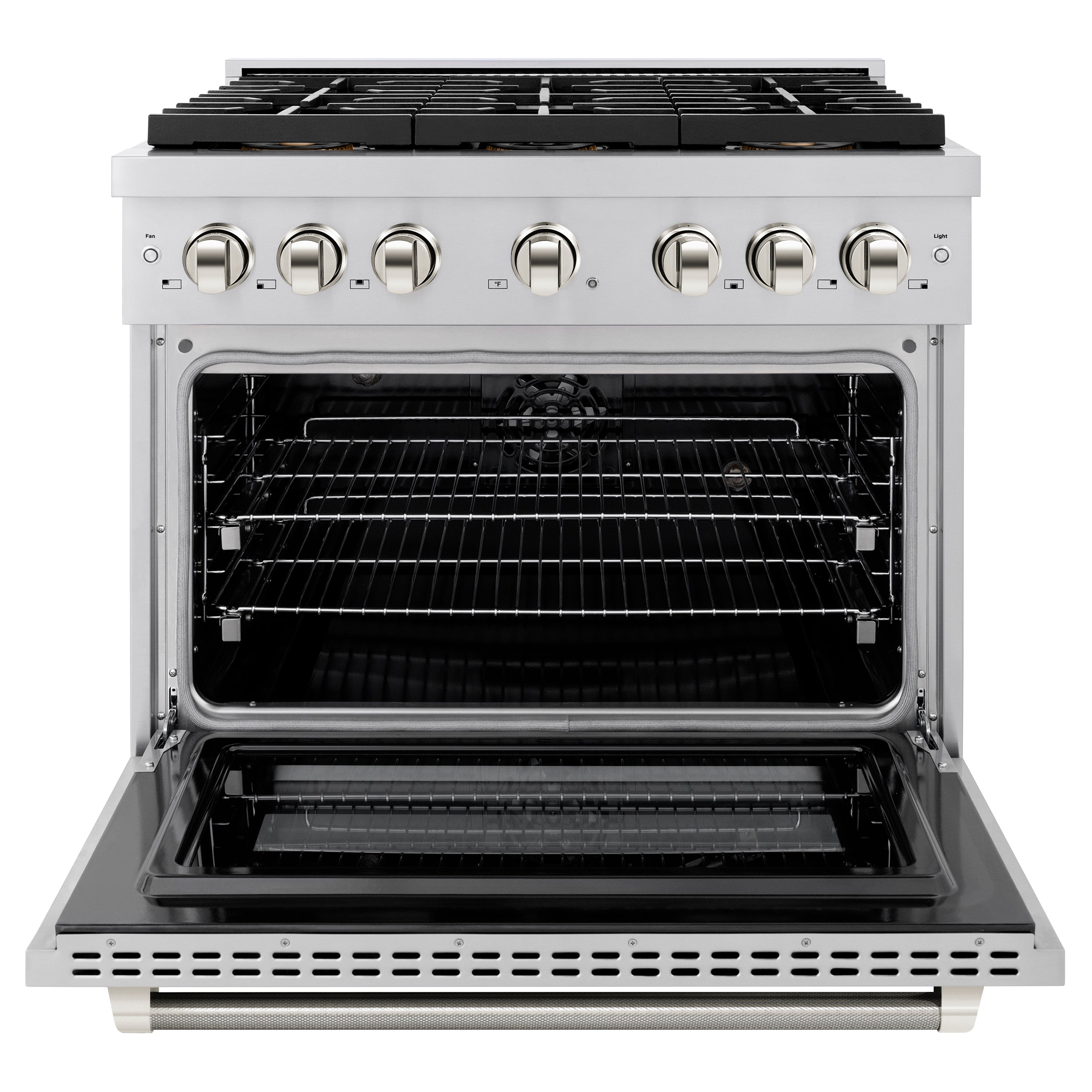 ZLINE 36 in. Dual Fuel Range 5.2 cu. ft. 6 Burner DuoPro™ Cooktop Electric Convection Oven Stainless Steel Polished Nickel Helix Handles (PSDRZ-36-KPN)