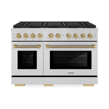 ZLINE 48 in. Dual Fuel Range 6.7 cu. ft. 8 Burner DuoPro™ Cooktop Dual Ovens Champagne Bronze Handles Stainless Steel (PSDRZ-48-KCB)