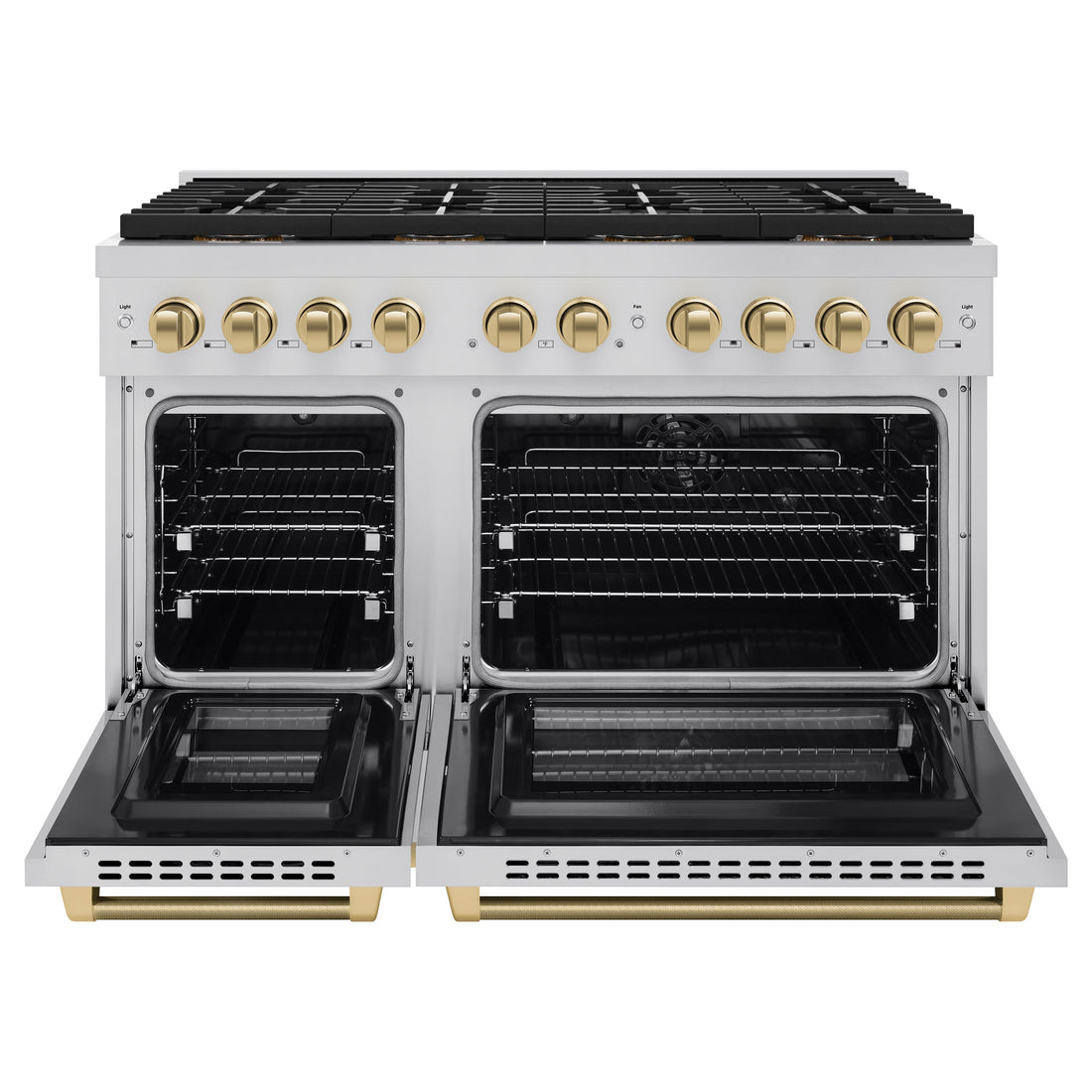 ZLINE 48 in. Dual Fuel Range – 6.7 cu. ft. Paramount Double Oven Range with 8 Burner Gas Cooktop, Stainless Steel, Champagne Bronze Helix Handles & Knob Accents (SDRZ-48-KCB)