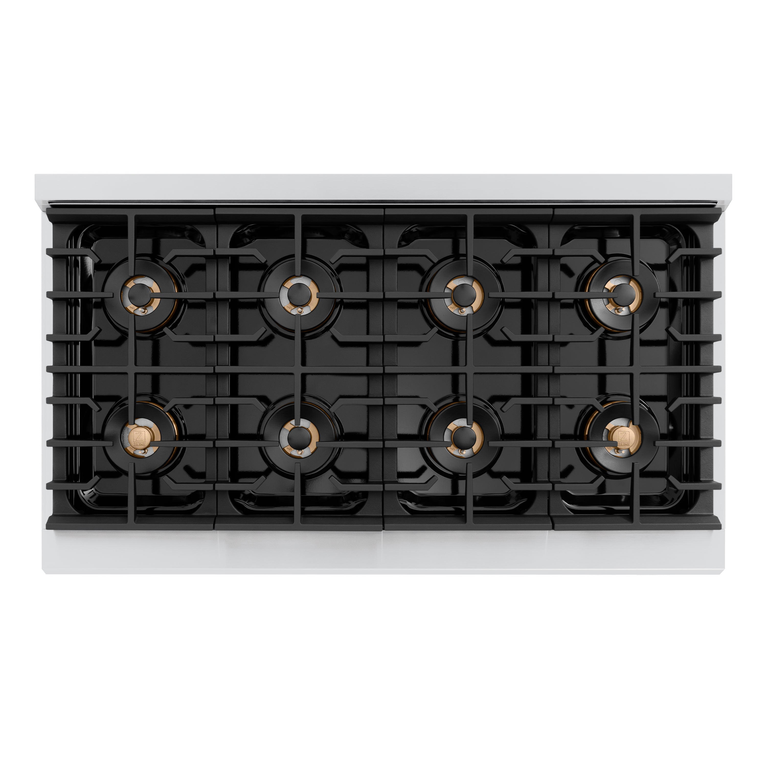 ZLINE 48 in. Dual Fuel Range – 6.7 cu. ft. Paramount Double Oven Range with 8 Burner Gas Cooktop, Stainless Steel, Champagne Bronze Helix Handles & Knob Accents (SDRZ-48-KCB)