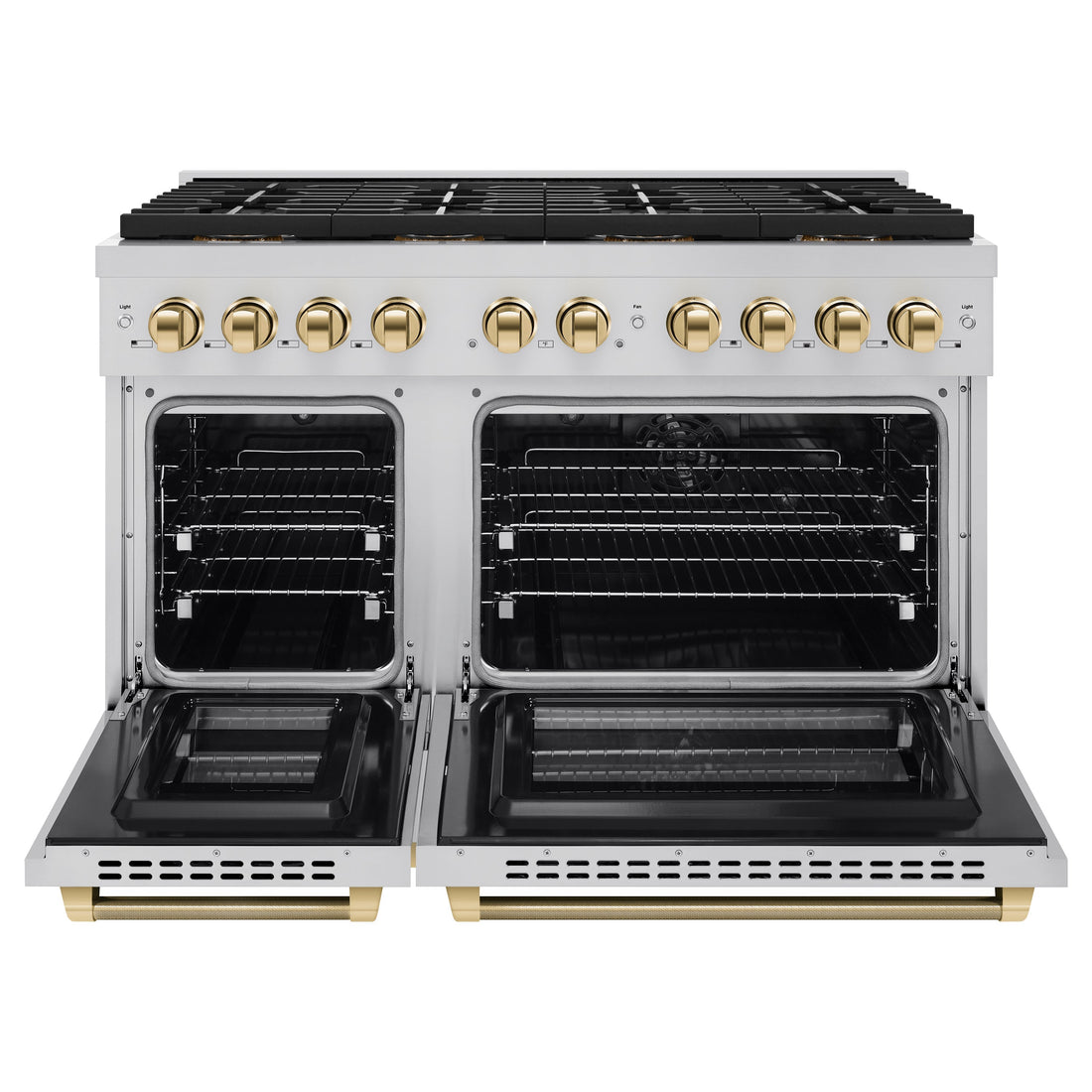 ZLINE 48 in. Dual Fuel Range 6.7 cu. ft. 8 Burner DuoPro™ Cooktop Dual Ovens Stainless Steel Polished Gold Helix Handles (PSDRZ-48-KG)