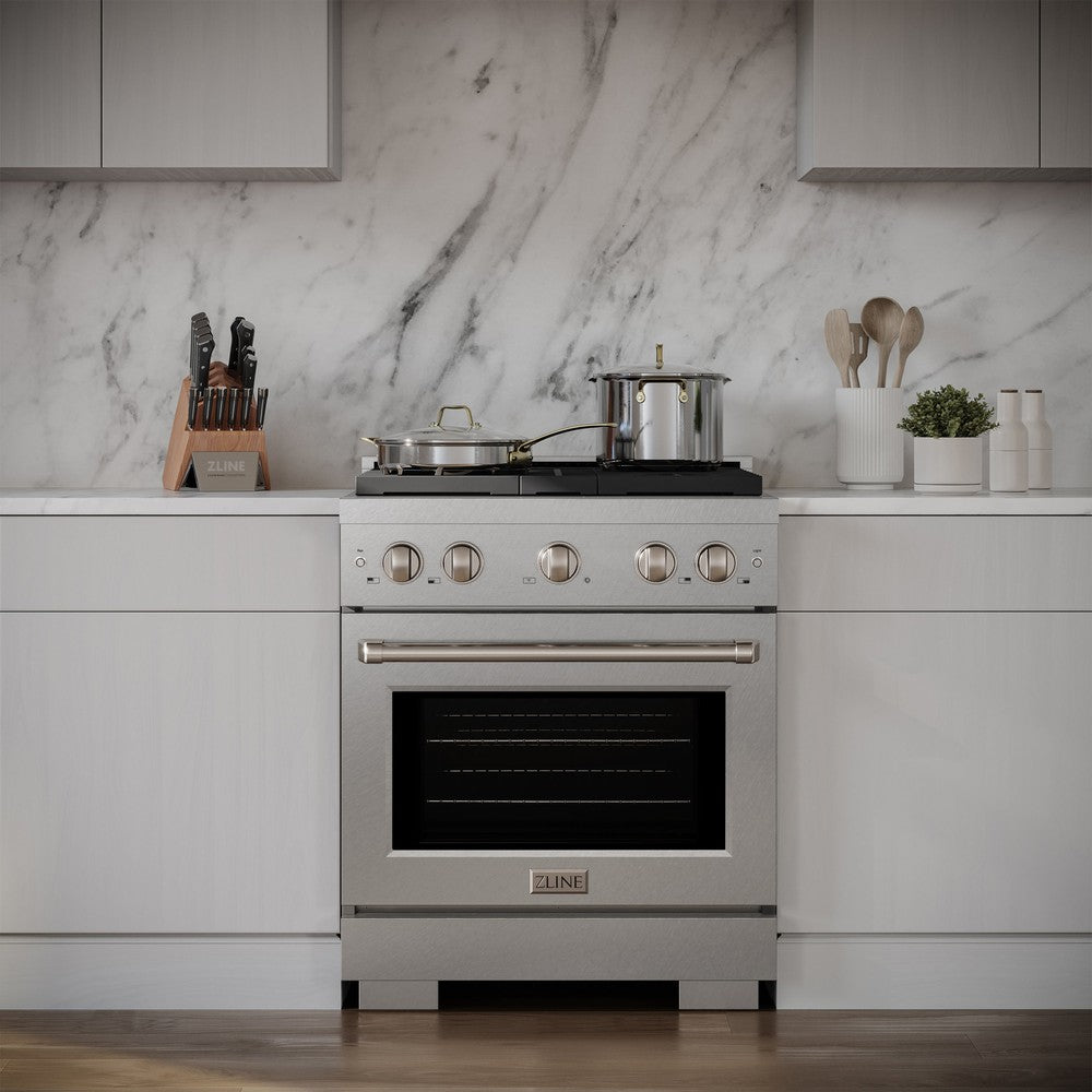 ZLINE Paramount 30 in. Dual Fuel Range with 4 Burner Gas Cooktop and Electric Convection Oven, 4.2 cu. ft., Satin Stainless Steel (SDRS-30)
