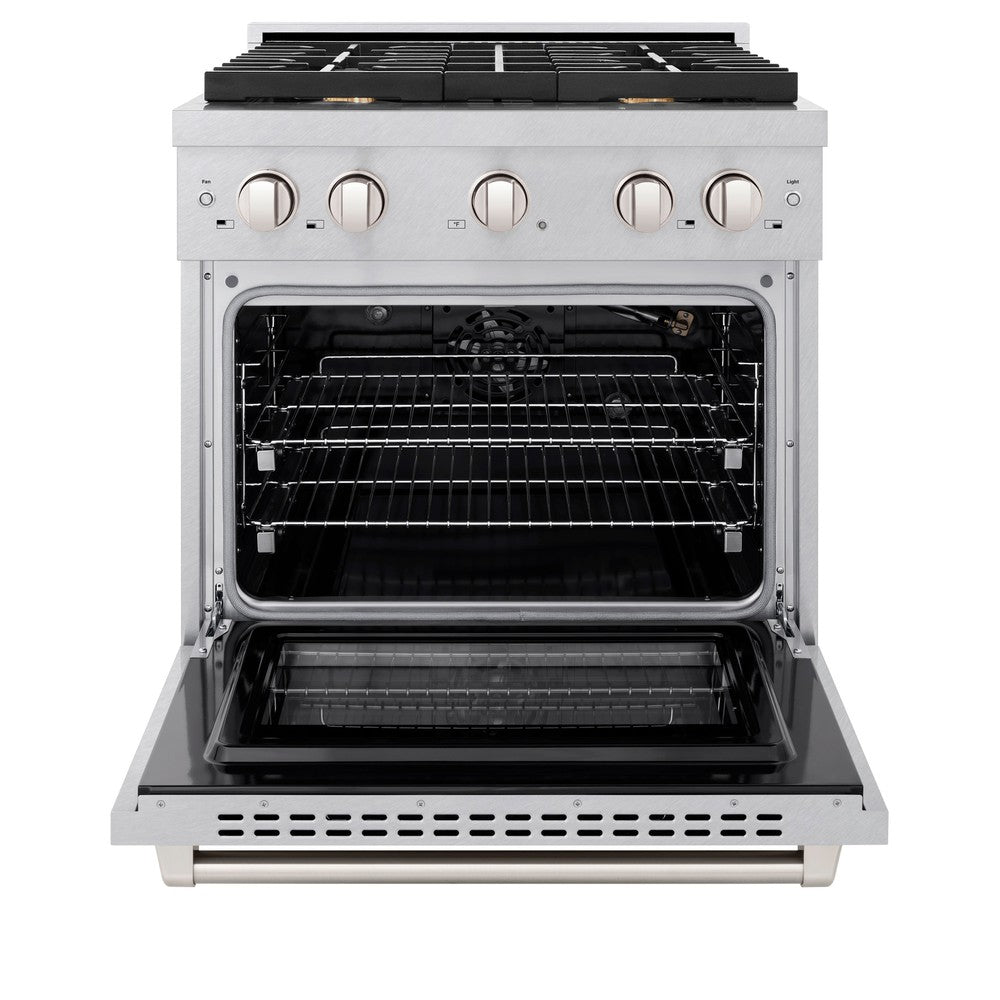 ZLINE Paramount 30 in. Dual Fuel Range, 4.2 cu. ft. Electric Convection Oven, Gas Cooktop with 4 Brass Burners, Satin Stainless Steel (SDRS-BR-30)