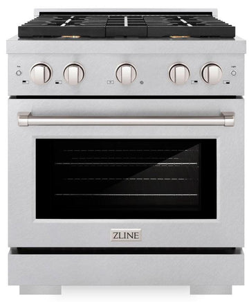 ZLINE Paramount 30 in. Dual Fuel Range, 4.2 cu. ft. Electric Convection Oven, Gas Cooktop with 4 Brass Burners, Satin Stainless Steel (SDRS-BR-30)