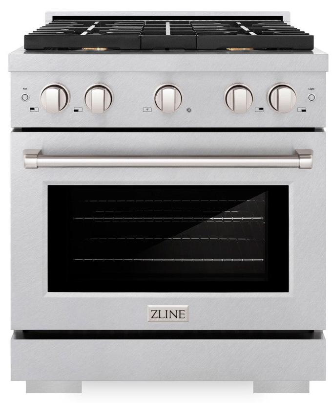 ZLINE Paramount 30 in. Dual Fuel Range, 4.2 cu. ft. Electric Convection Oven, Gas Cooktop with 4 Brass Burners, Satin Stainless Steel (SDRS-BR-30)