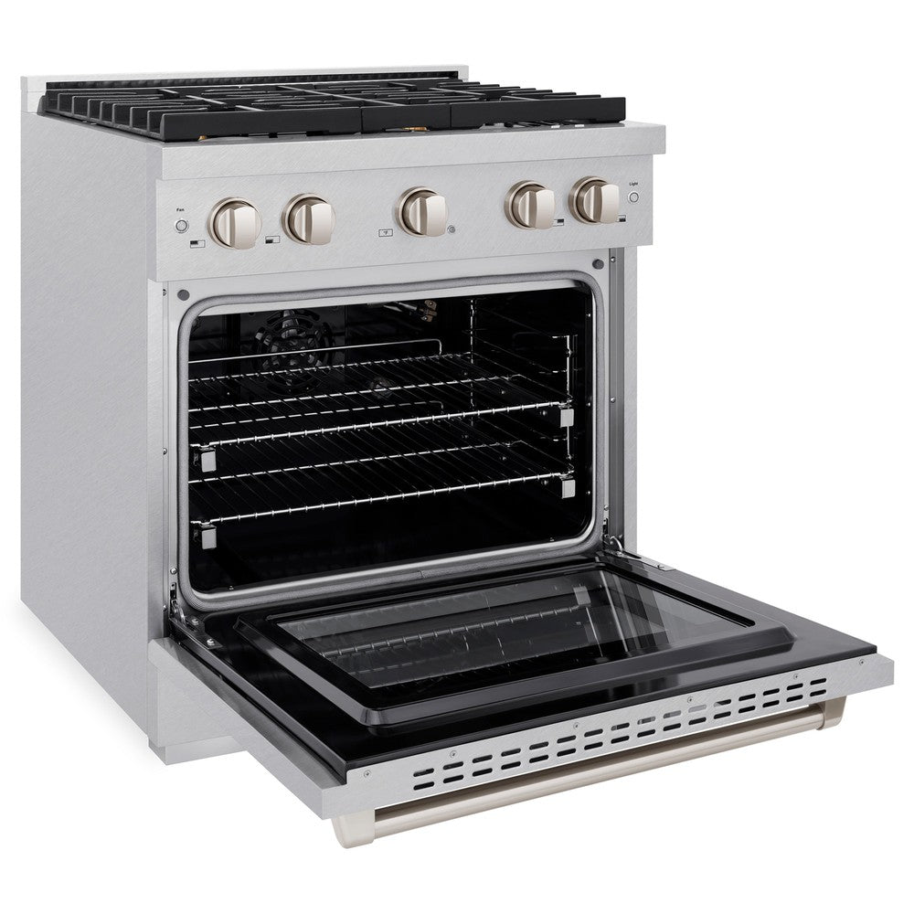 ZLINE Paramount 30 in. Dual Fuel Range, 4.2 cu. ft. Electric Convection Oven, Gas Cooktop with 4 Brass Burners, Satin Stainless Steel (SDRS-BR-30)