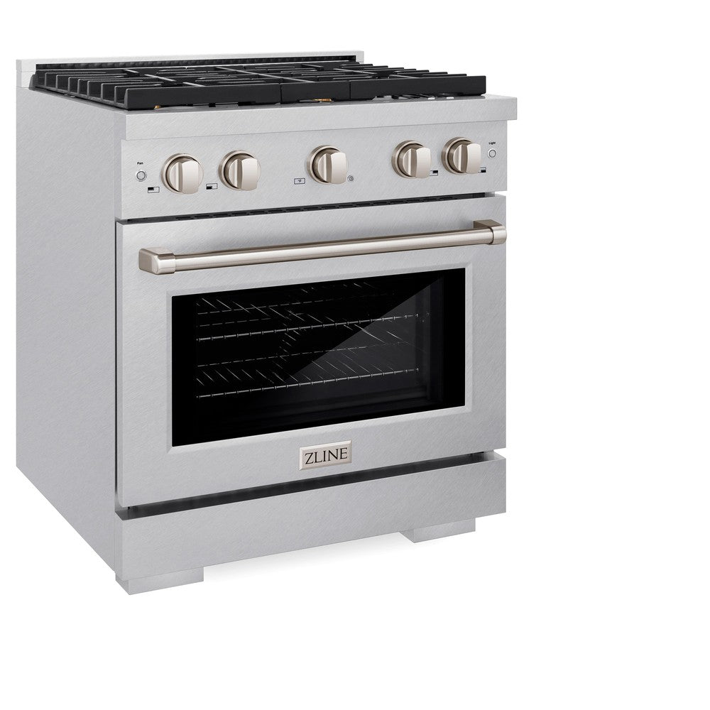 ZLINE Paramount 30 in. Dual Fuel Range, 4.2 cu. ft. Electric Convection Oven, Gas Cooktop with 4 Brass Burners, Satin Stainless Steel (SDRS-BR-30)