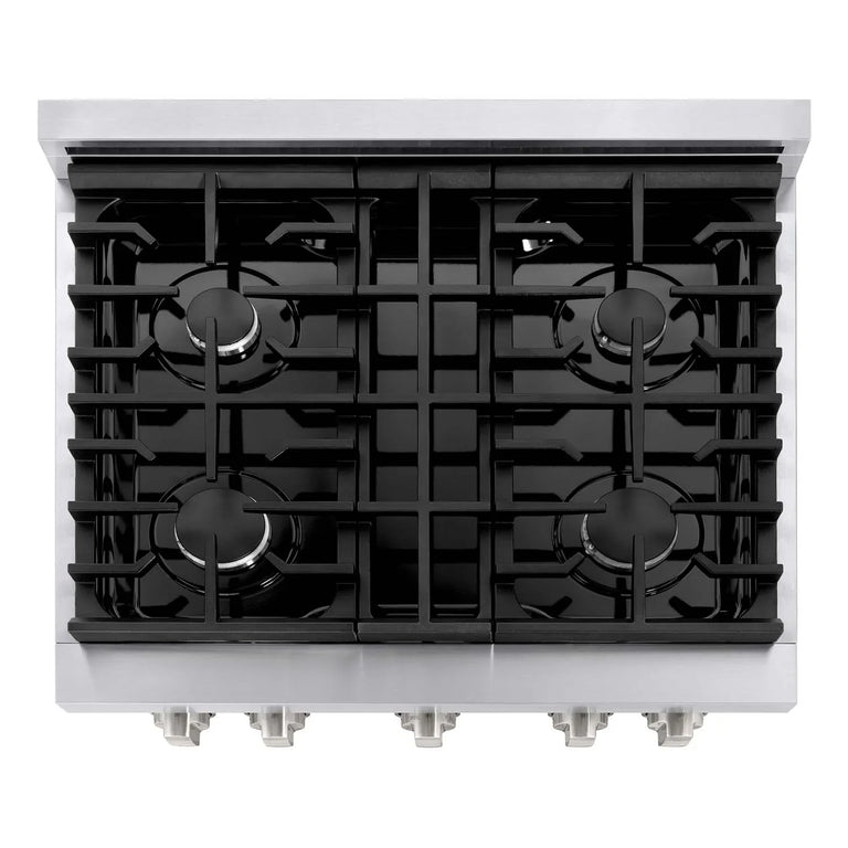 ZLINE Appliance Package - 30" Gas Range, Range Hood, 36" Refrigerator with Water/Ice Dispenser, 24" Microwave Drawer and Dishwasher in Stainless Steel