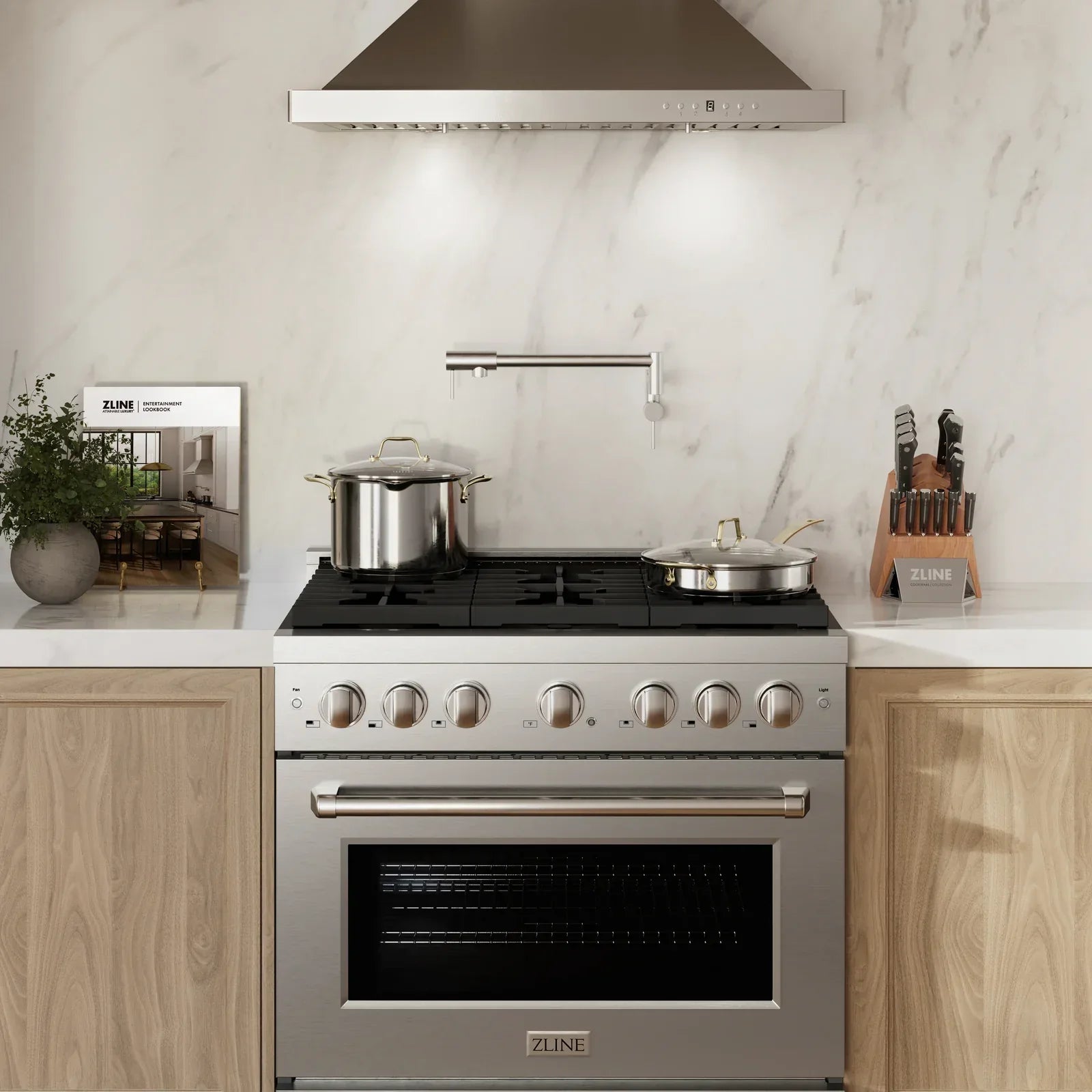 ZLINE Appliance Package - 36" Gas Range, Range Hood, 36" Refrigerator with Water/Ice Dispenser, 24" Microwave Drawer and Dishwasher in Stainless Steel