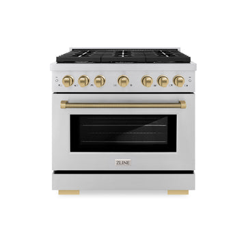 ZLINE 36 in. Gas Range 5.2 cu. ft. 6 Burner Cooktop Convection Oven Stainless Steel Champagne Bronze Helix Handle (SGRZ-36-KCB)