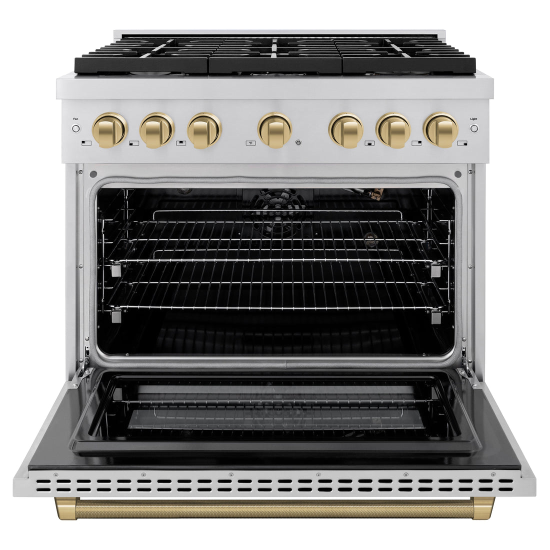 ZLINE 36 in. Gas Range 5.2 cu. ft. 6 Burner Cooktop Convection Oven Stainless Steel Champagne Bronze Helix Handle (SGRZ-36-KCB)