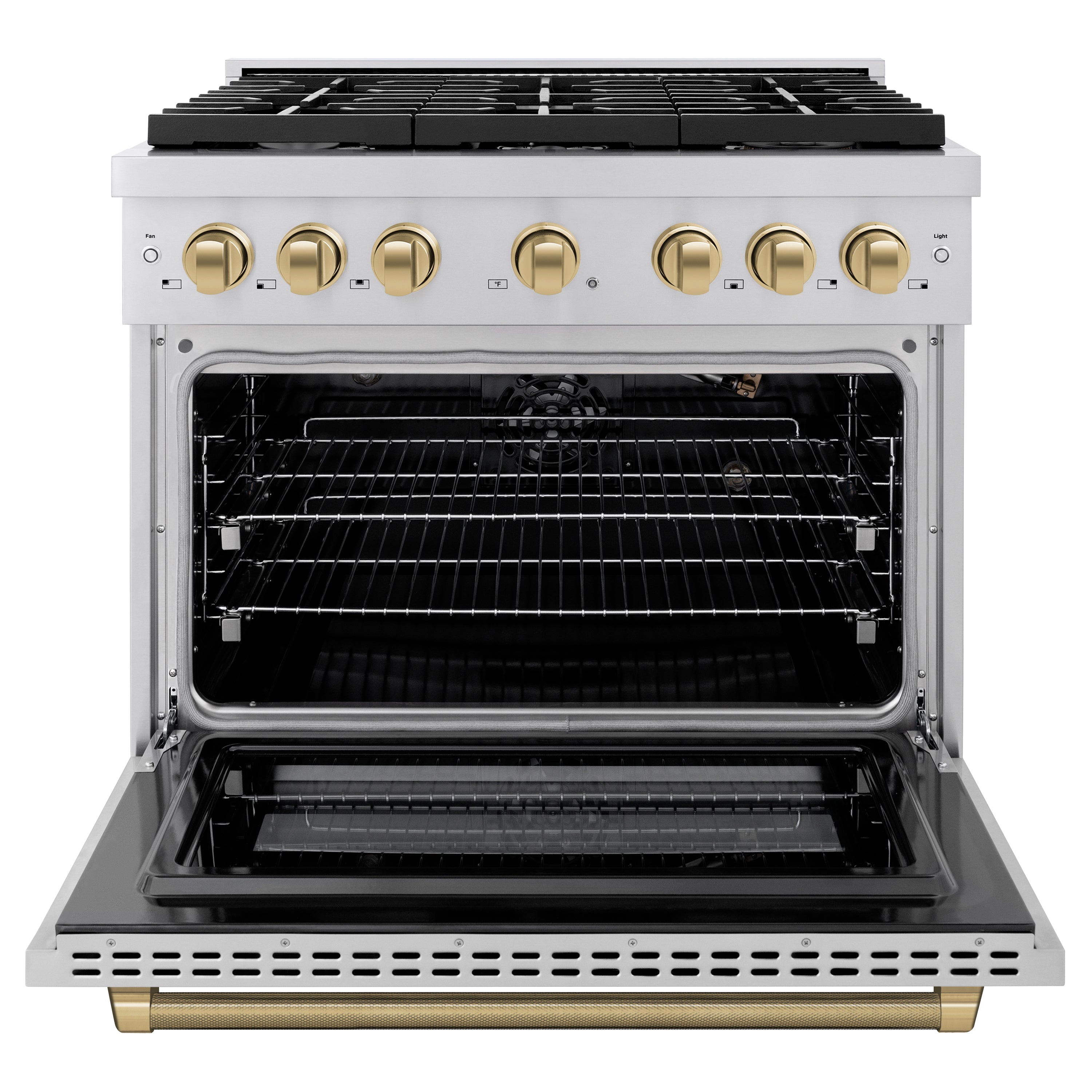 ZLINE 36 in. Gas Range 5.2 cu. ft. 6 Burner Cooktop Convection Oven Stainless Steel Champagne Bronze Helix Handle (SGRZ-36-KCB)