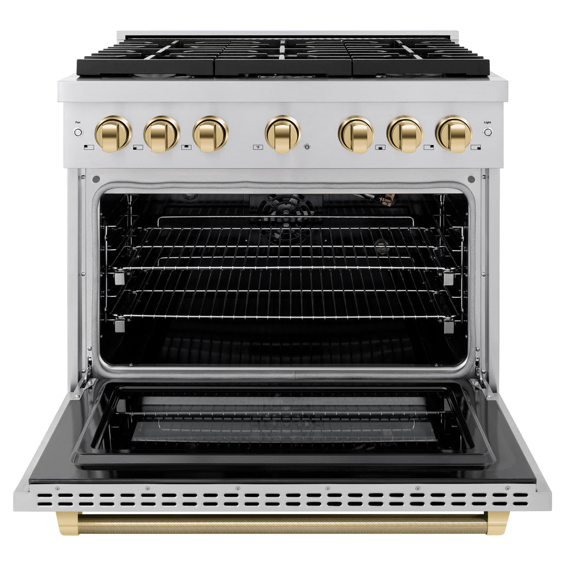 ZLINE 36 in. Gas Range 5.2 cu. ft. Paramount Series with 6 Burner Cooktop, Convection Gas Oven, Stainless Steel, Polished Gold Helix Handle & Knob Accents (SGRZ-36-KG)