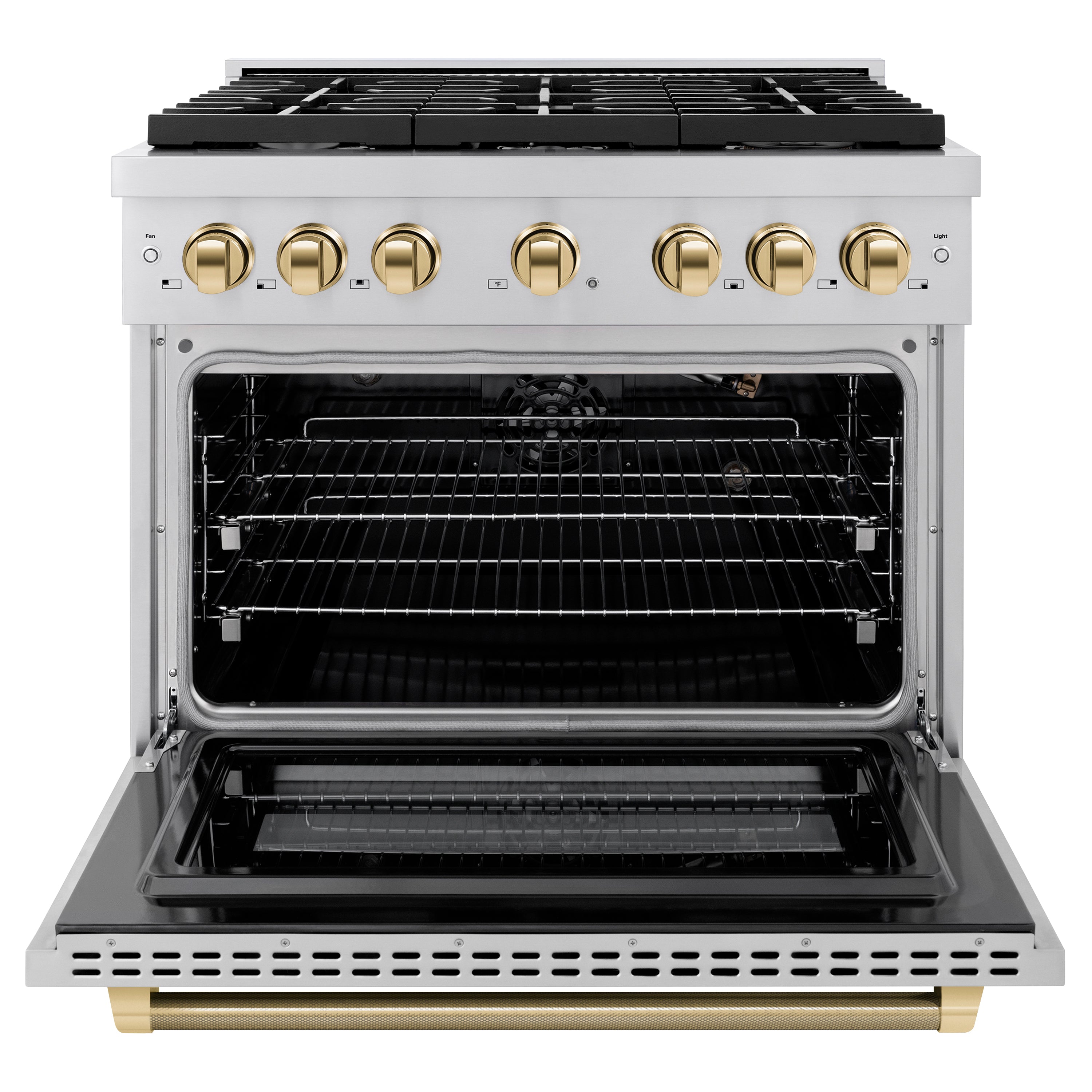 ZLINE 36 in. Gas Range 5.2 cu. ft. Paramount Series with 6 Burner Cooktop, Convection Gas Oven, Stainless Steel, Polished Gold Helix Handle & Knob Accents (SGRZ-36-KG)