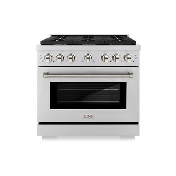 ZLINE 36 in. Gas Range 5.2 cu. ft. 6 Burner Cooktop Convection Gas Oven Stainless Steel Polished Nickel Helix Handles (SGRZ-36-KPN)