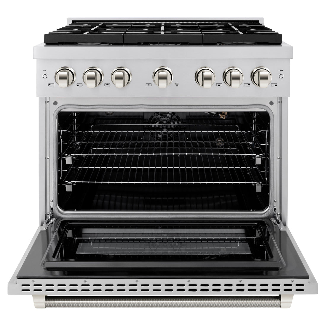ZLINE 36 in. Gas Range 5.2 cu. ft. 6 Burner Cooktop Convection Gas Oven Stainless Steel Polished Nickel Helix Handles (SGRZ-36-KPN)