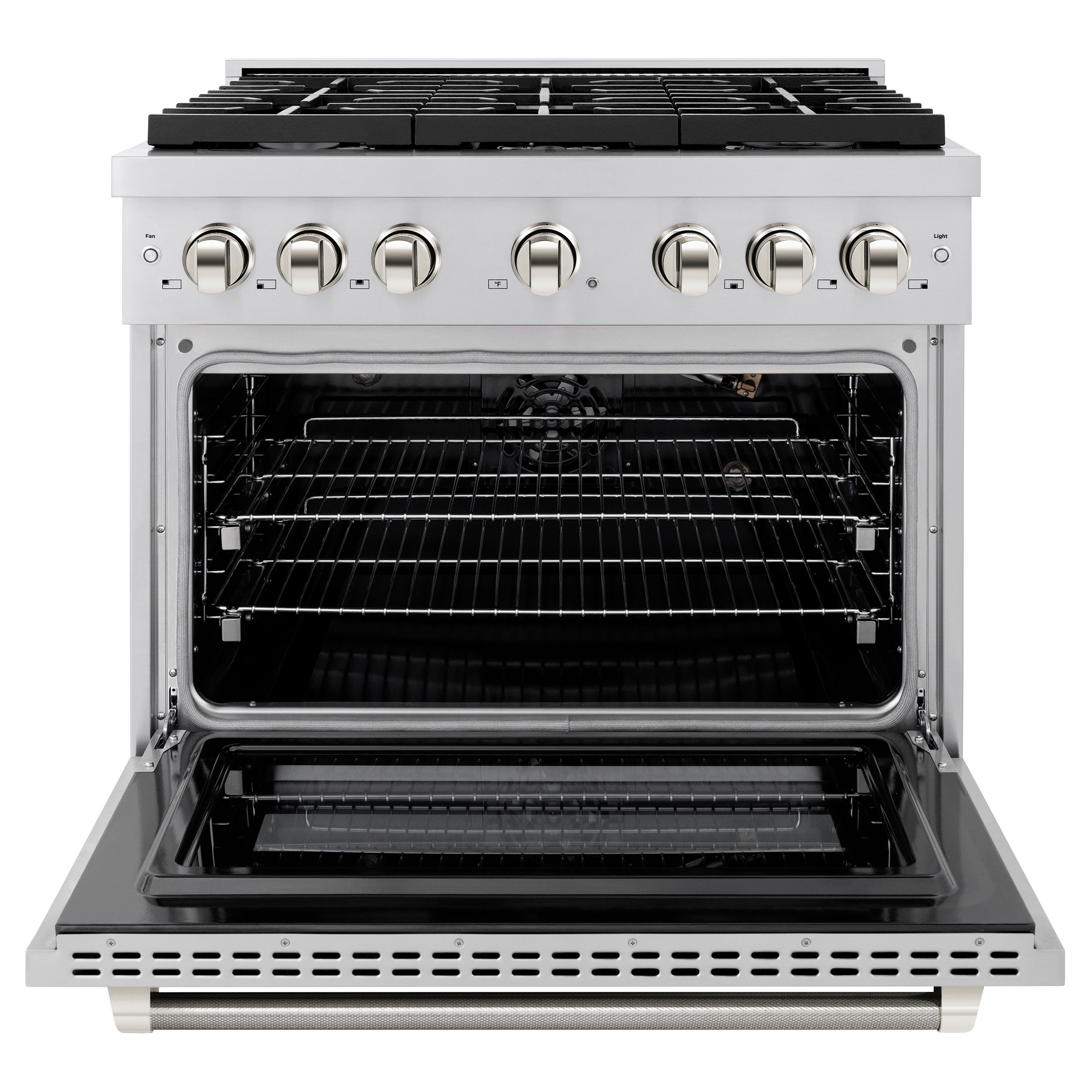 ZLINE 36 in. Gas Range 5.2 cu. ft. 6 Burner Cooktop Convection Gas Oven Stainless Steel Polished Nickel Helix Handles (SGRZ-36-KPN)