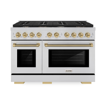 ZLINE 48 in. Gas Range 6.7 cu. ft. Double Oven, 8 Burner Cooktop, Stainless Steel, Champagne Bronze Helix Handles (SGRZ-48-KCB)