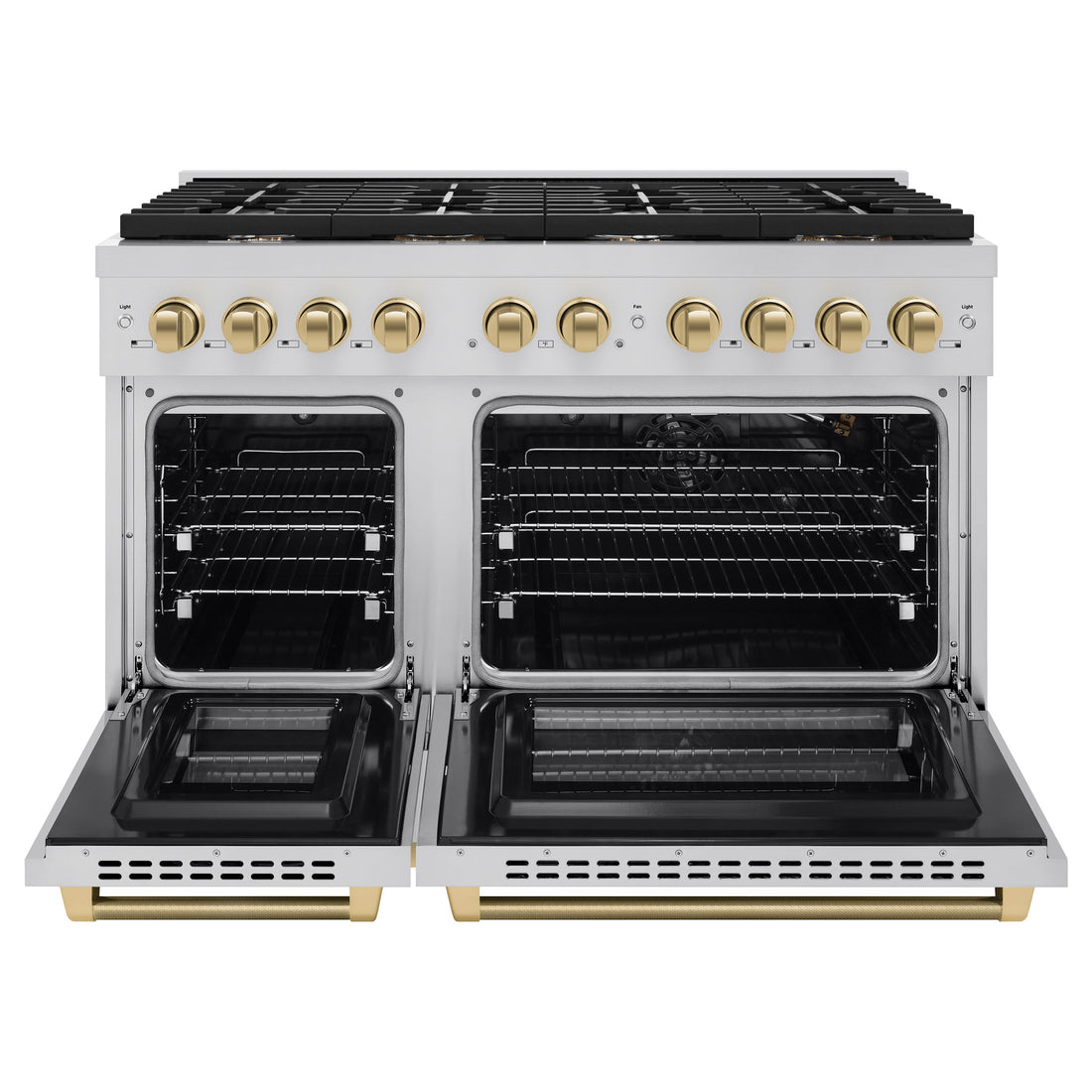 ZLINE 48 in. Gas Range 6.7 cu. ft. Double Oven, 8 Burner Cooktop, Stainless Steel, Champagne Bronze Helix Handles (SGRZ-48-KCB)