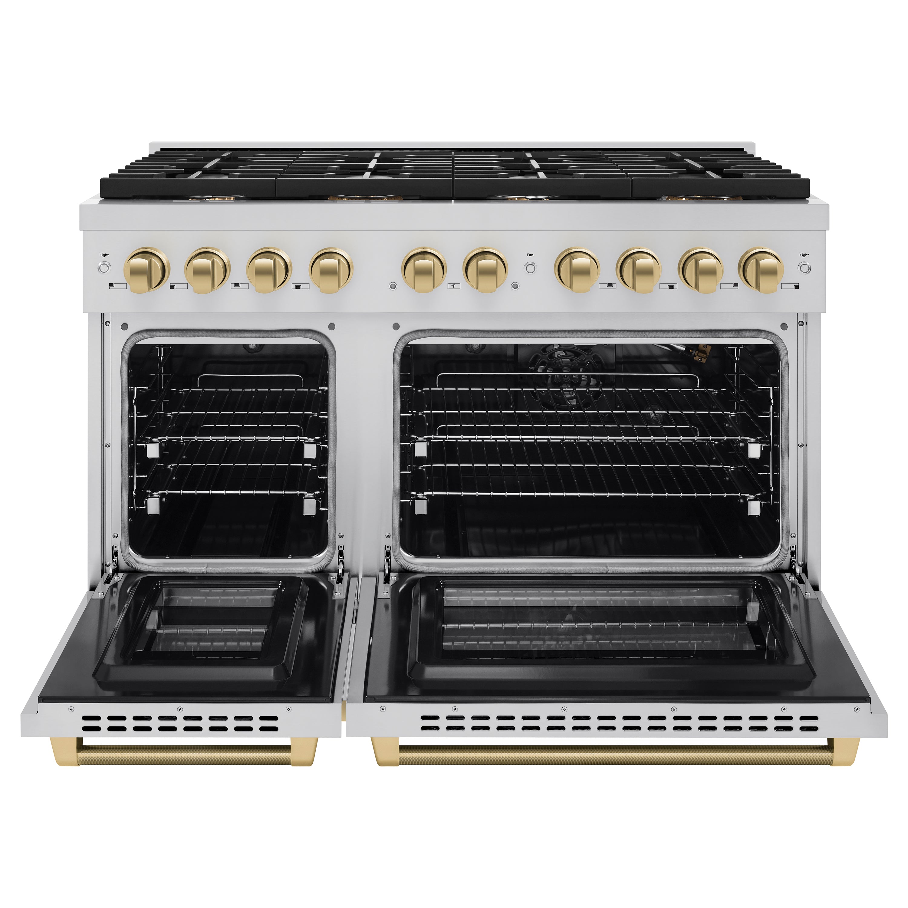 ZLINE 48 in. Gas Range 6.7 cu. ft. Double Oven, 8 Burner Cooktop, Stainless Steel, Champagne Bronze Helix Handles (SGRZ-48-KCB)