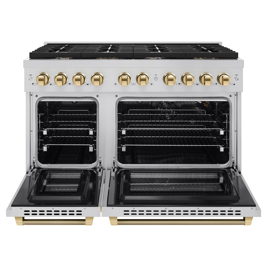 ZLINE 48 in. Gas Range – 6.7 cu. ft. Double Oven, 8 Burner Gas Cooktop, Stainless Steel with Polished Gold Helix Handles & Knob Accents (SGRZ-48-KG)