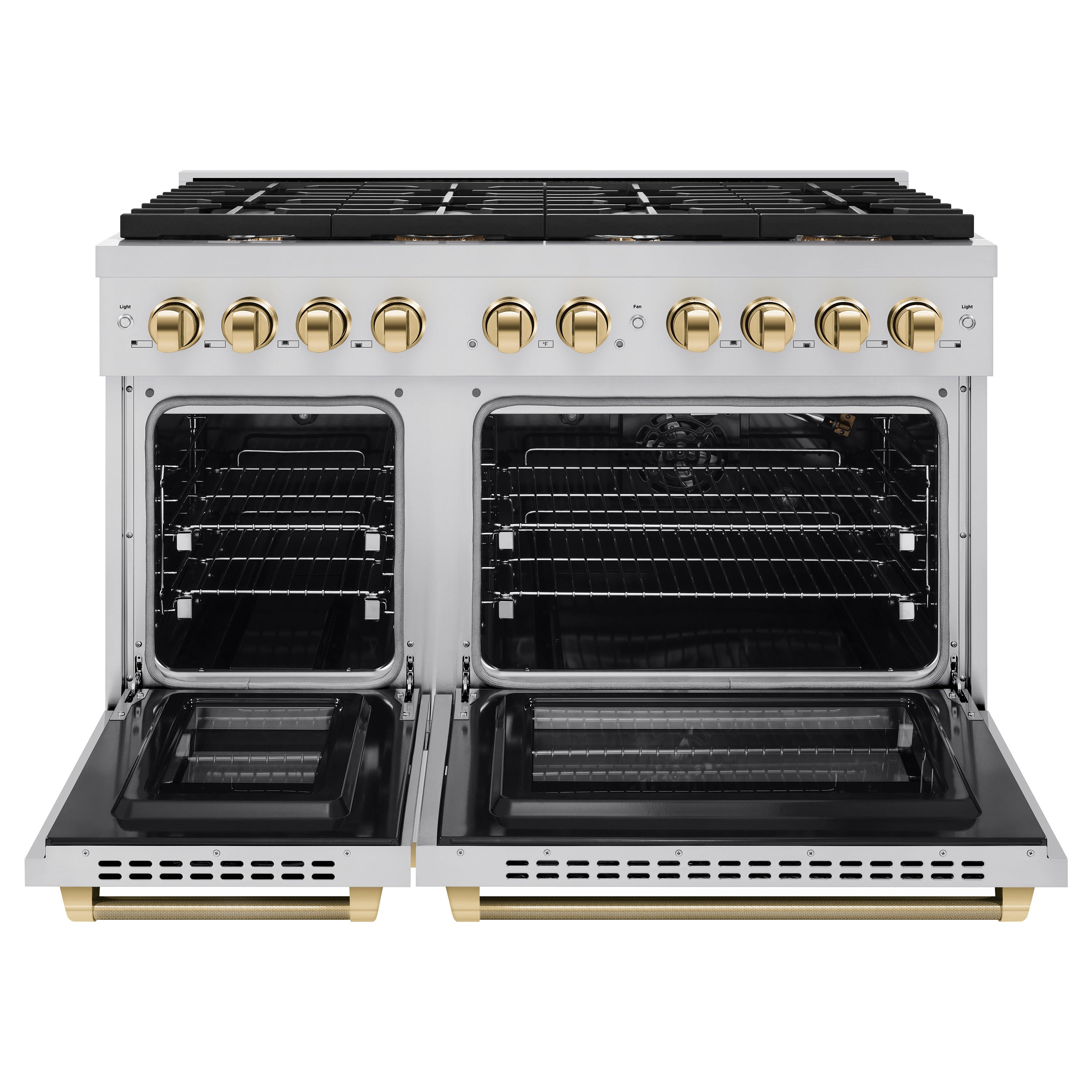 ZLINE 48 in. Gas Range – 6.7 cu. ft. Double Oven, 8 Burner Gas Cooktop, Stainless Steel with Polished Gold Helix Handles & Knob Accents (SGRZ-48-KG)