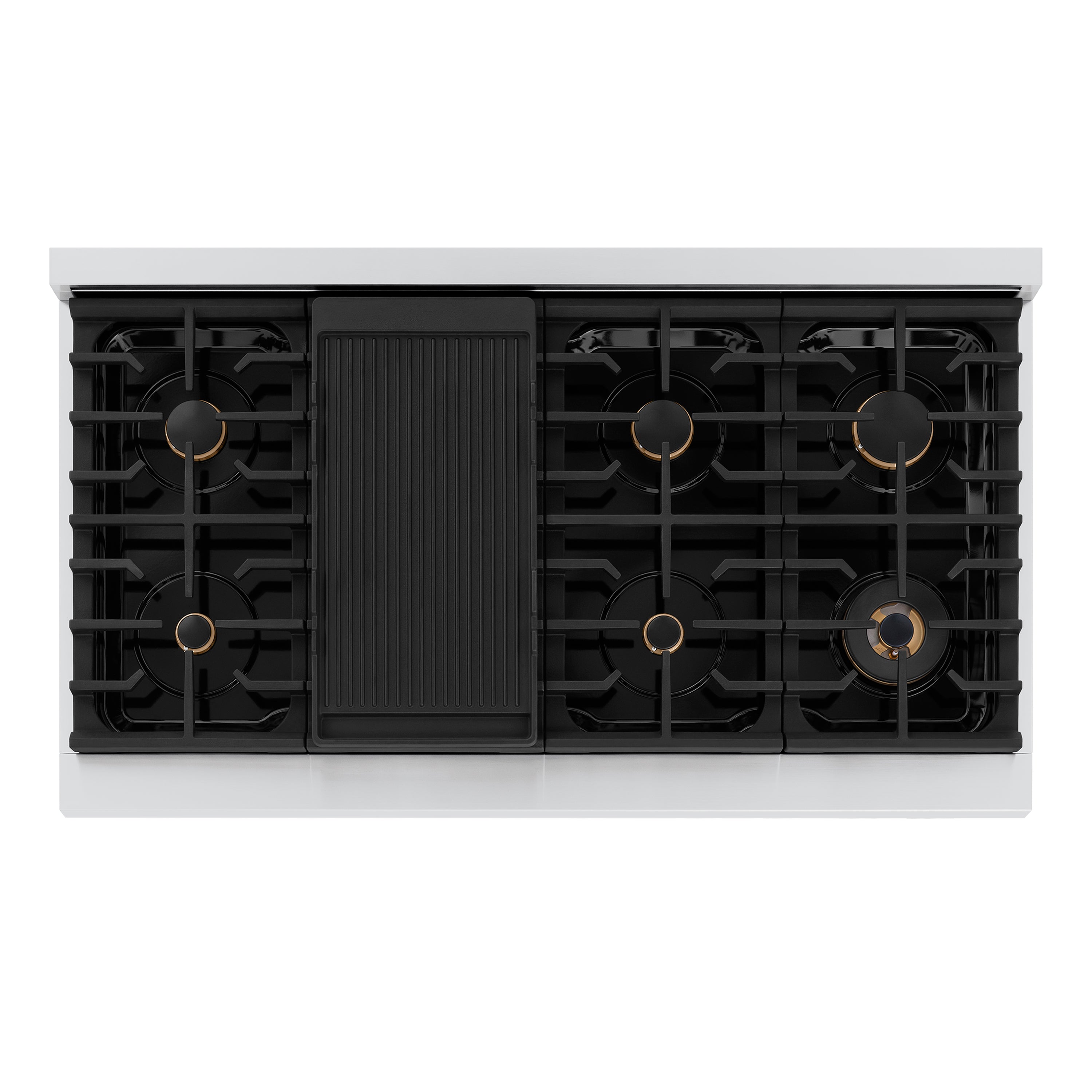 ZLINE 48 in. Gas Range – 6.7 cu. ft. Double Oven, 8 Burner Gas Cooktop, Stainless Steel with Polished Gold Helix Handles & Knob Accents (SGRZ-48-KG)
