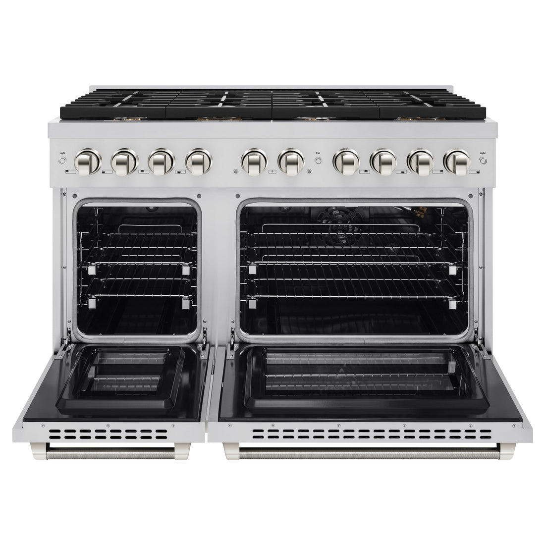 ZLINE 48 in. Gas Range Double Oven 6.7 cu. ft. 8 Burner Cooktop Stainless Steel Polished Nickel Helix Handles (SGRZ-48-KPN)