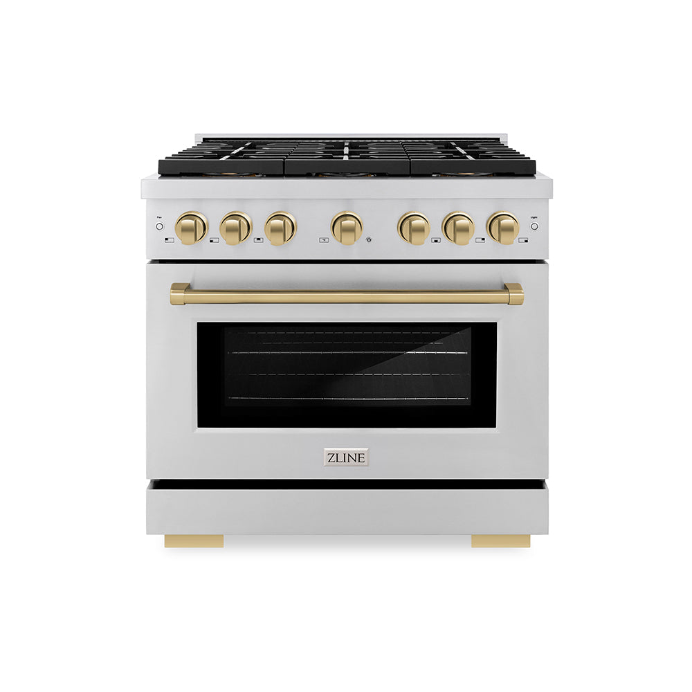 ZLINE 36 in. Gas Range 5.2 cu. ft. 6 Burner DuoPro™ Cooktop Convection Gas Oven Stainless Steel with Champagne Bronze Accents (PSGRZ-36-CB)