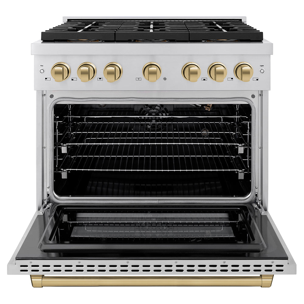 ZLINE 36 in. Gas Range 5.2 cu. ft. 6 Burner DuoPro™ Cooktop Convection Gas Oven Stainless Steel with Champagne Bronze Accents (PSGRZ-36-CB)