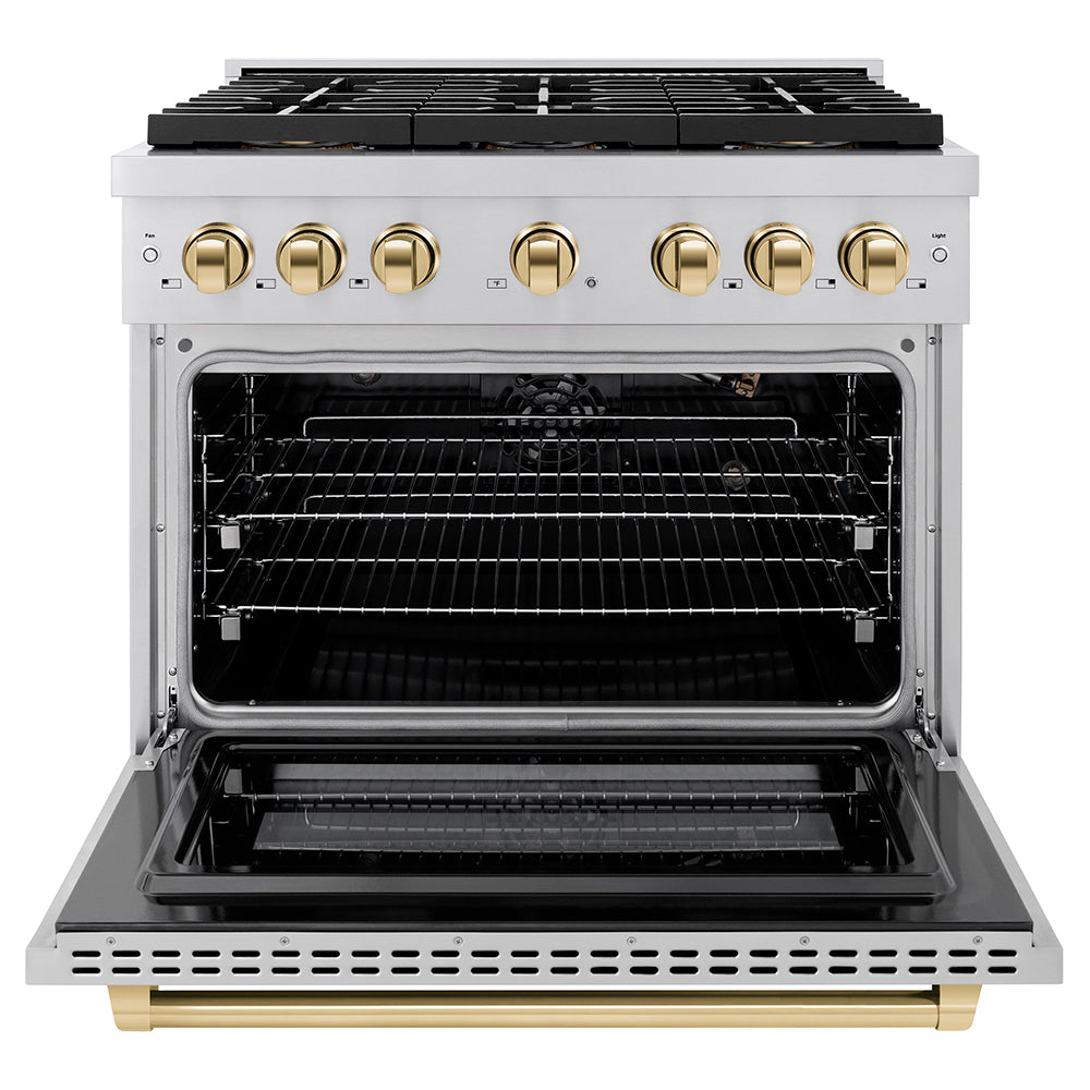 ZLINE 36 in. Gas Range 5.2 cu. ft. 6 Burner DuoPro™ Cooktop Convection Gas Oven Stainless Steel with Polished Gold Accents (PSGRZ-36-G)