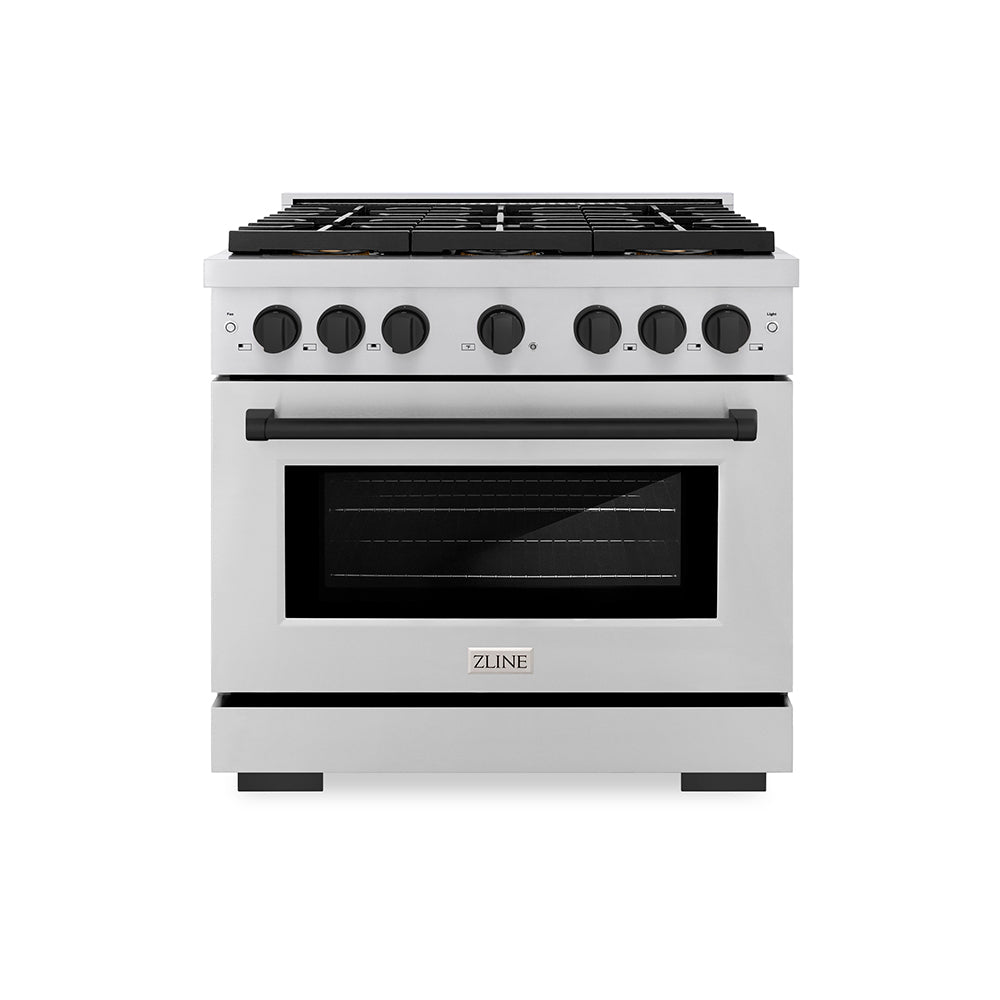 ZLINE 36 in. Gas Range 5.2 cu. ft. 6 Burner DuoPro™ Cooktop Convection Gas Oven Stainless Steel Matte Black Accents (PSGRZ-36-MB)