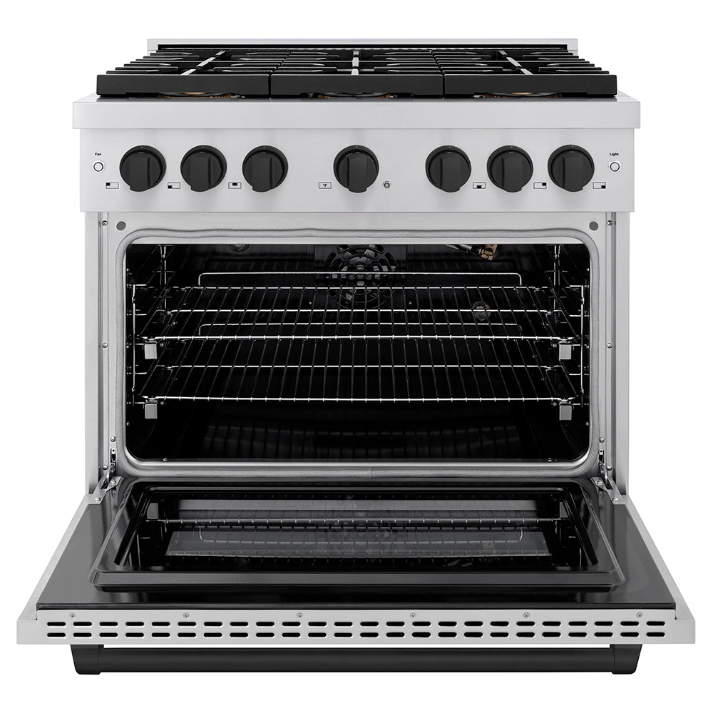 ZLINE 36 in. Gas Range 5.2 cu. ft. 6 Burner DuoPro™ Cooktop Convection Gas Oven Stainless Steel Matte Black Accents (PSGRZ-36-MB)