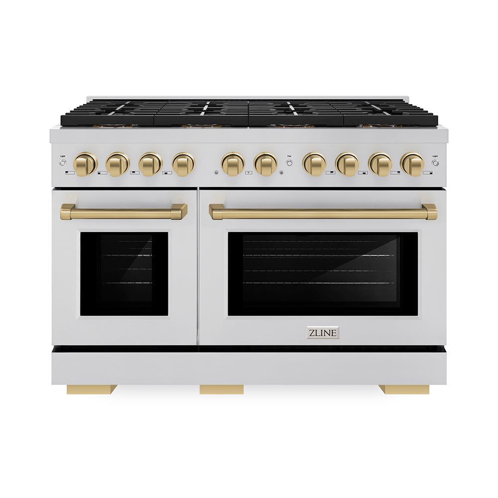 ZLINE 48 in. Gas Range 6.7 cu. ft. 8 Burner DuoPro™ Cooktop Dual Oven Stainless Steel with Champagne Bronze Accents (PSGRZ-48-CB)