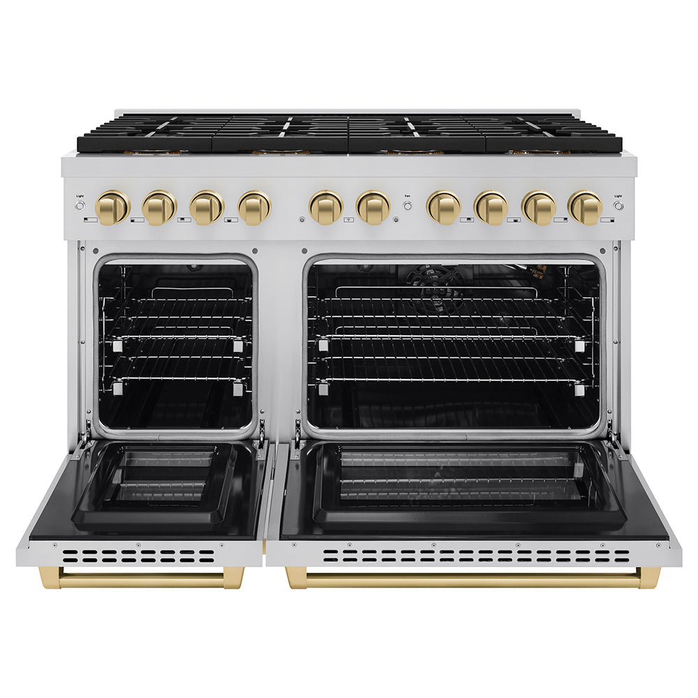 ZLINE 48 in. Gas Range 6.7 cu. ft. 8 Burner DuoPro™ Cooktop Dual Oven Stainless Steel with Champagne Bronze Accents (PSGRZ-48-CB)