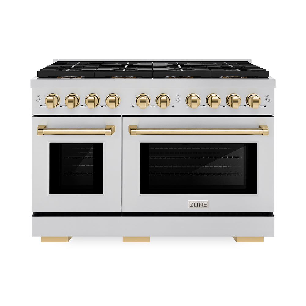 ZLINE 48 in. Gas Range 6.7 cu. ft. Paramount Series with 8 Burner DuoPro™ Cooktop, Dual Ovens, Stainless Steel with Polished Gold Accents (PSGRZ-48-G)