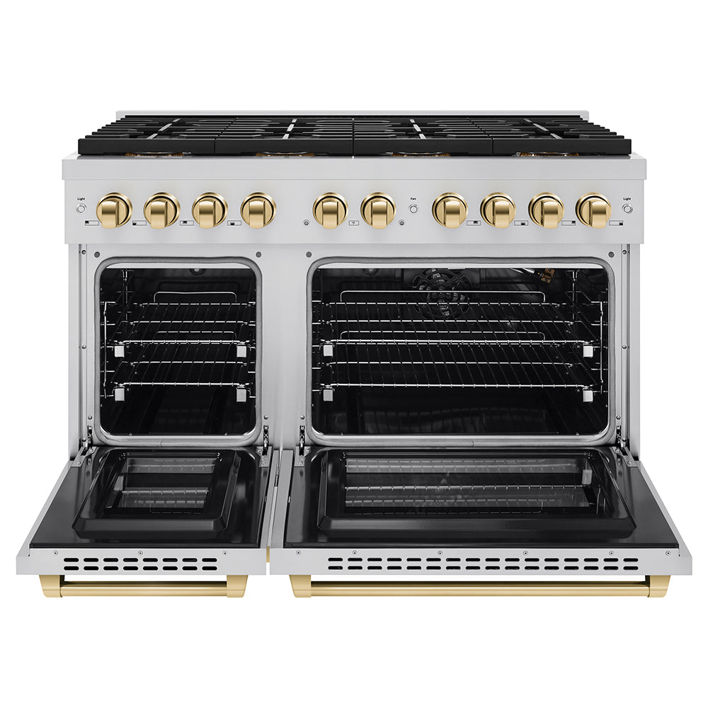 ZLINE 48 in. Gas Range 6.7 cu. ft. Paramount Series with 8 Burner DuoPro™ Cooktop, Dual Ovens, Stainless Steel with Polished Gold Accents (PSGRZ-48-G)