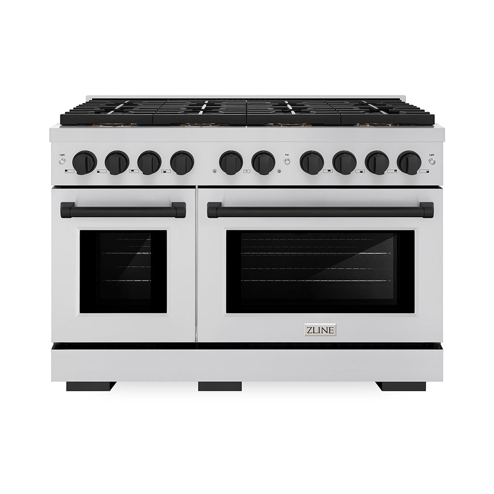 ZLINE 48 in. Gas Range 6.7 cu. ft. Dual Oven with 8 Burner DuoPro™ Cooktop Stainless Steel Matte Black Accents (PSGRZ-48-MB)