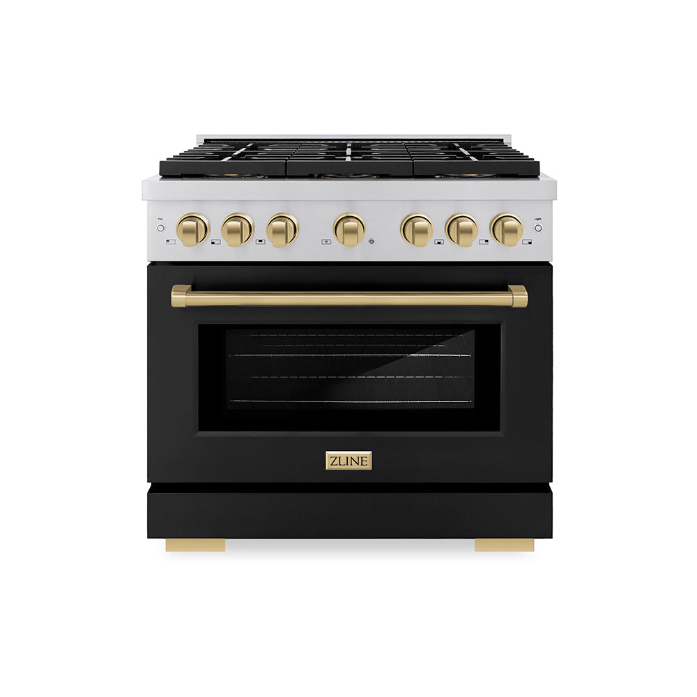 ZLINE 36 in. Gas Range 5.2 cu. ft. 6 Burner DuoPro™ Cooktop Convection Gas Oven Black Matte Door Champagne Bronze Accents (PSGRZ-BLM-36-CB)