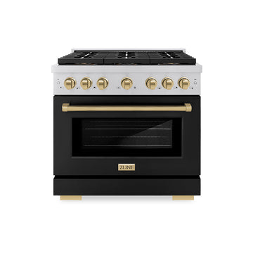 ZLINE 36 in. Gas Range 5.2 cu. ft. 6 Burner DuoPro™ Cooktop Convection Gas Oven Black Matte Door Champagne Bronze Accents (PSGRZ-BLM-36-CB)