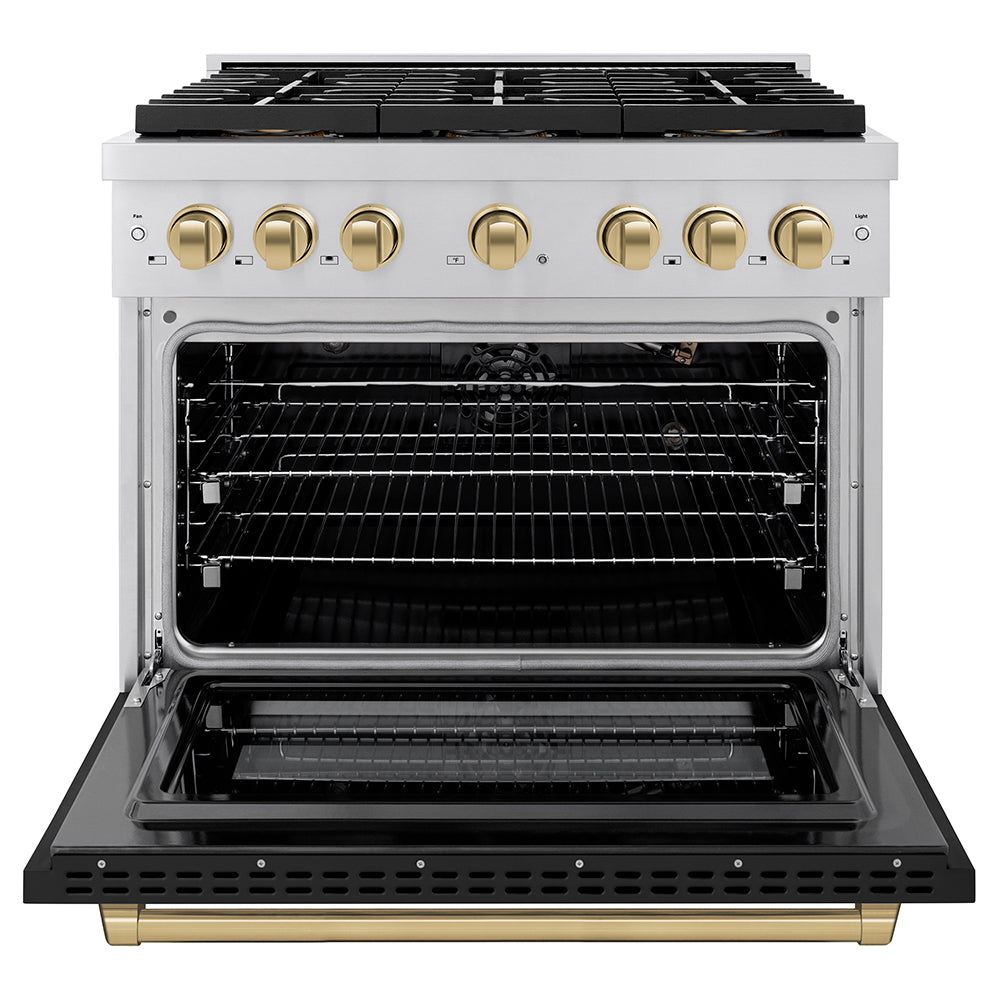 ZLINE 36 in. Gas Range 5.2 cu. ft. 6 Burner DuoPro™ Cooktop Convection Gas Oven Black Matte Door Champagne Bronze Accents (PSGRZ-BLM-36-CB)