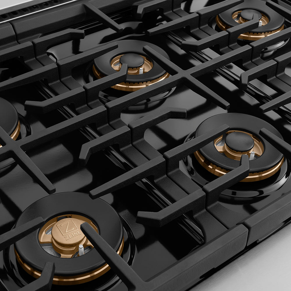 ZLINE 36 in. Gas Range 5.2 cu. ft. 6 Burner DuoPro™ Cooktop Convection Gas Oven Black Matte Door Polished Gold Accents (PSGRZ-BLM-36-G)
