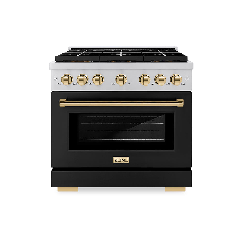 ZLINE 36 in. Gas Range 5.2 cu. ft. 6 Burner DuoPro™ Cooktop Convection Gas Oven Black Matte Door Polished Gold Accents (PSGRZ-BLM-36-G)