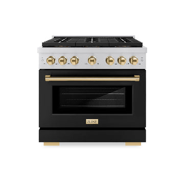 ZLINE 36 in. Gas Range 5.2 cu. ft. 6 Burner DuoPro™ Cooktop Convection Gas Oven Black Matte Door Polished Gold Accents (PSGRZ-BLM-36-G)